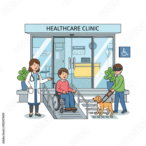 Illustration of a healthcare clinic with patients, doctor, guide dog, wheelchair, and accessibility features