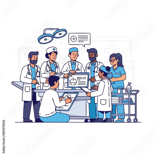 Medical team in operating room with patient. Discussing. Holding files and computer monitor