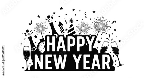 A festive new year illustration featuring champagne glasses fireworks and the word happy prominently displayed