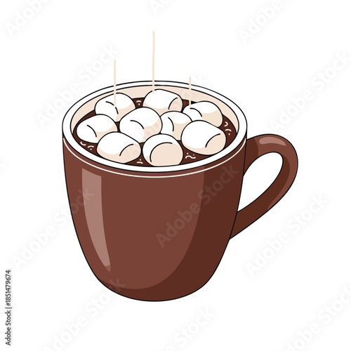 A brown mug filled with hot chocolate and marshmallows, with steam rising up