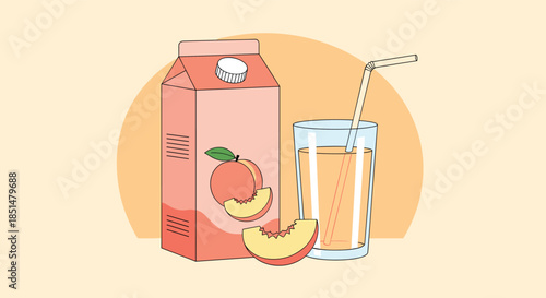A lovely composition of a peach juice carton, a glass of juice with a straw, and fresh peach slices on a soft background.