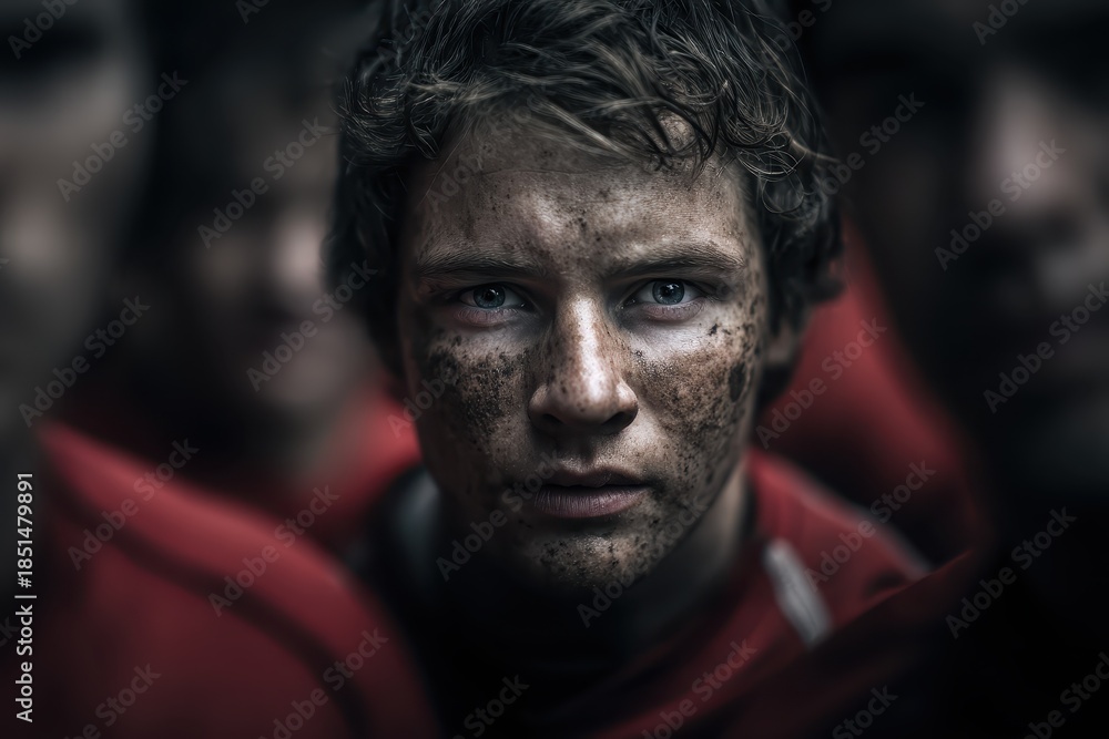 Fototapeta premium Young rugby player focused intensely on his opponents during a competitive match in a challenging environment with muddy conditions