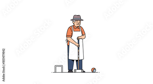 An illustration of a cheerful elderly man wearing a hat and apron, enjoying a game of croquet on a sunny day.