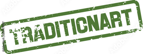 Bold green grunge texture stamp showcasing the creative word TRADITIONART for cultural projects