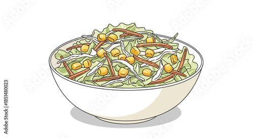 A fresh and healthy bowl of coleslaw-style salad with shredded chicken, lettuce, corn, and carrots, ready to be eaten.