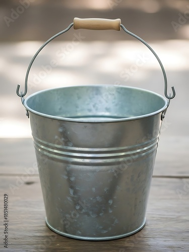 Weathered metal bucket with wooden handle perched on textured surface