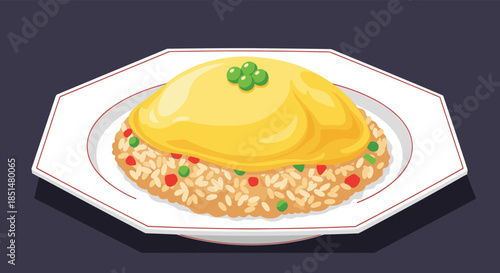 A classic Japanese omurice, featuring a fluffy omelette over fried rice, garnished with green peas on a white plate.