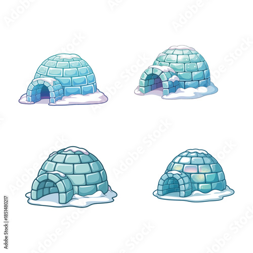 Adorable Vector Igloo Clip Art in Blue Tones with Detailed Ice Bricks and Snow Accents