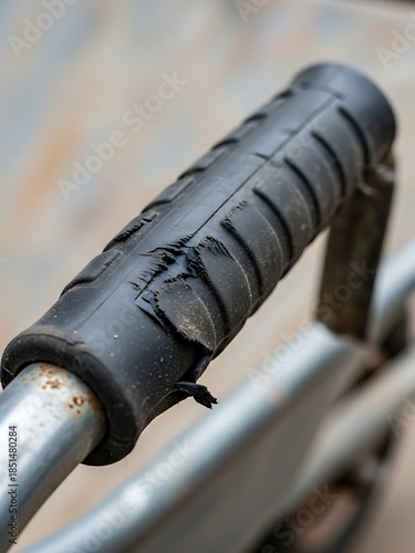 Worn handlebar grip close up showing age, deterioration, and imperfection