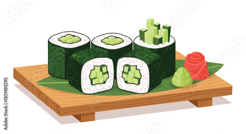 A classic serving of Japanese kappa maki, or cucumber sushi rolls, presented on a wooden board with wasabi and ginger.