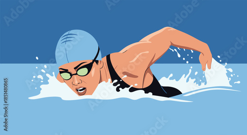 A dynamic illustration of a female athlete swimming the front crawl stroke in a pool, wearing a cap and goggles.