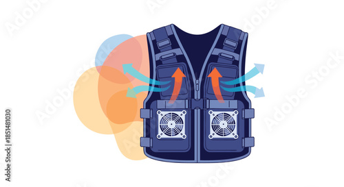 An illustrative diagram of a cooling vest with built-in fans, showing airflow to provide relief from heat and sunstroke.