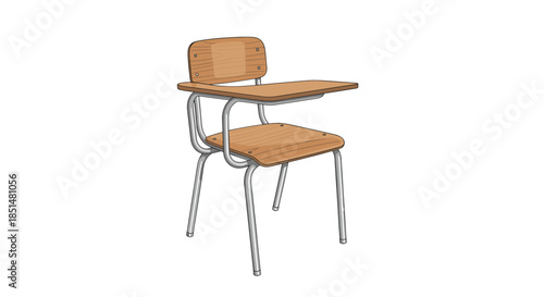 A classic wooden school desk with an attached chair and metal frame, isolated on a white background for educational themes.