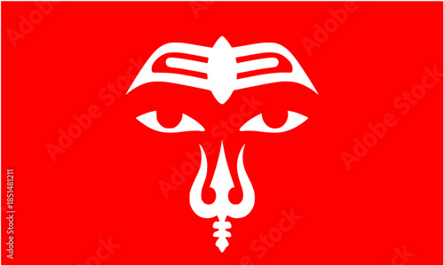 Spiritual illustration of Lord Shiva's eyes with Trishula trident and sacred Tripundra tilak, Hindu religious symbols of Mahadev on red background for meditation and devotion