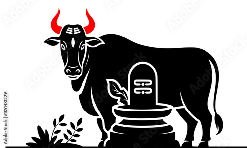 Hindu deity line art of Lord Ganesha and sacred Nandi bull, spiritual Indian religious icons with lotus flower, traditional black and white divine symbols for yoga and meditation