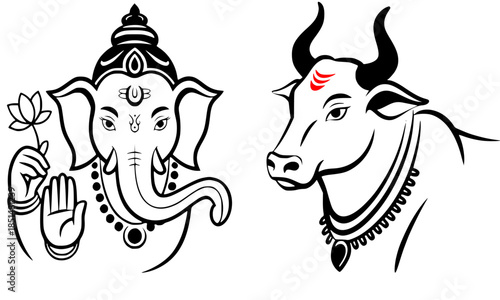 Hindu deities line art illustration of Lord Ganesha and sacred Nandi bull, spiritual Indian religious icons with lotus flower, traditional black and white divine symbols for yoga and meditation