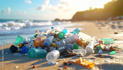 Pile of plastic waste littering a beach with ocean waves in the background, symbolizing environmental pollution
