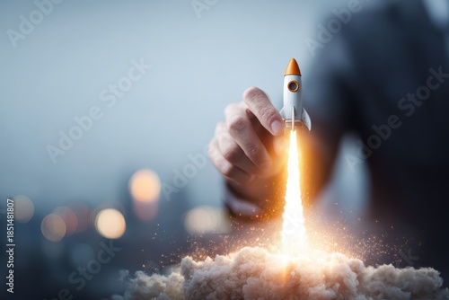Businessman launching rocket symbolizing investment growth and innovation in high-tech industries to inspire future ventures in a modern business landscape