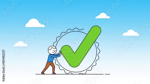 A person pushing a large green checkmark within a circular frame