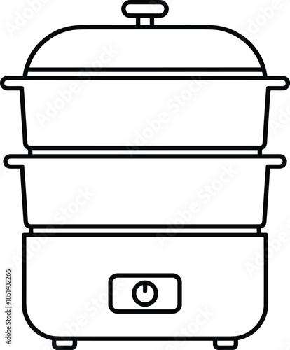 Minimalist black and white line art illustration of an electric food steamer appliance with two tiers and lid isolated on white background.