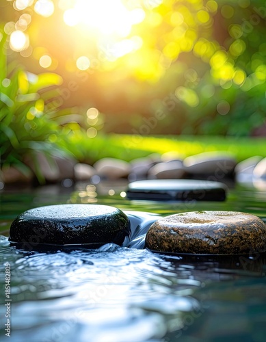 Stepping stones in flowing water with bright sunlight bokeh background.