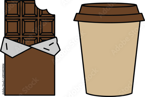 Simple flat design illustration of a partially bitten chocolate bar in a wrapper next to a brown disposable coffee cup with a lid.