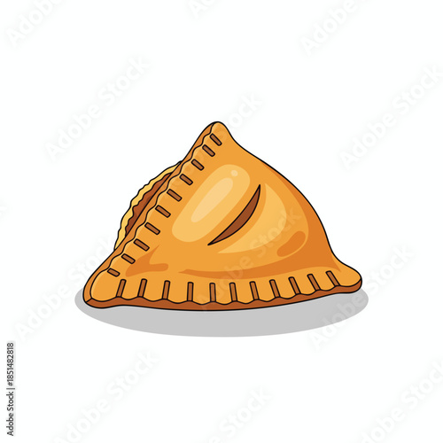 An illustration of a baked pastry in golden hues. Triangular shape, decorative edges, white background