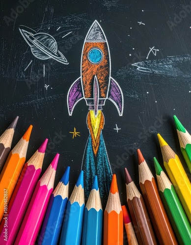 A vibrant chalk drawing of a rocket taking off on a blackboard surrounded by colored pencils.