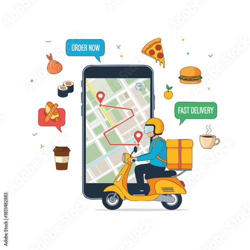 Illustration of a delivery person on a scooter, app, food icons, speech bubbles