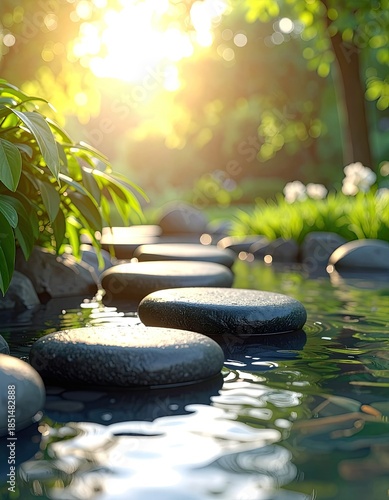 A peaceful path of stepping stones across a sunlit pond in a lush garden setting.