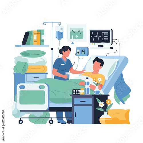 A nurse in scrubs tending to a patient in a hospital bed with monitors nearby