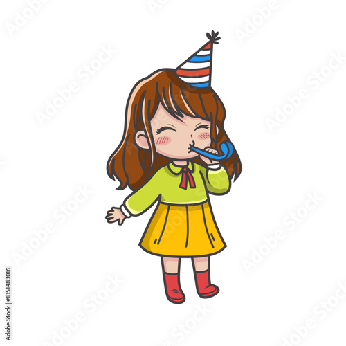 Cute illustration of a female chibi character celebrating her birthday, she is wearing a hat and likes to play the trumpet. 