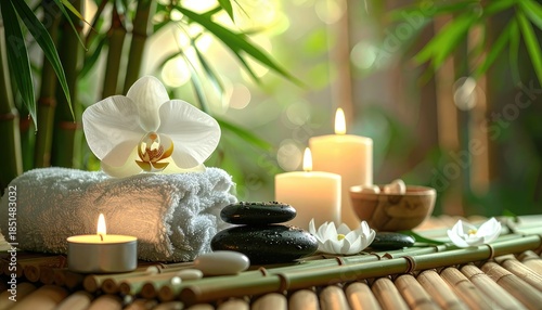 Serene spa setting featuring an orchid, candles, hot stones, and bamboo accents.
