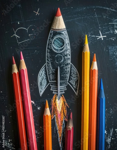 A creatively drawn chalk rocket takes flight, using colored pencils as building blocks against a dark slate background.