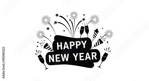 A celebratory new year design featuring champagne glasses fireworks and a prominent happy new year message
