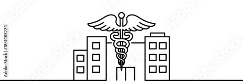 Medical hospital building single line art, healthcare facility with medicine symbol, minimalist flat vector illustration.