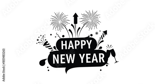 A festive new year illustration featuring fireworks champagne glasses and a celebratory speech bubble