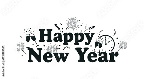 A festive new year graphic showcases the words happy new year with celebratory elements