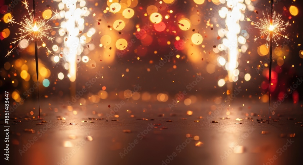 Obraz premium Two sparklers against a festive background with confetti and lights.