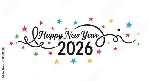 Colorful happy new year 2026 celebration graphic with stars and swirling decorative elements