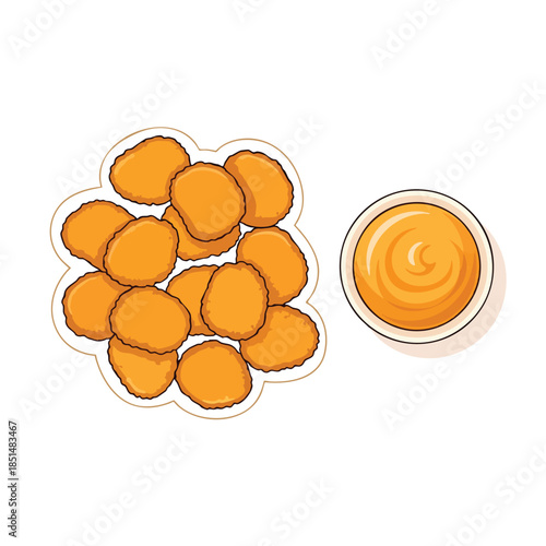 Cartoon illustration of chicken nuggets on a plate with dipping sauce in a bowl