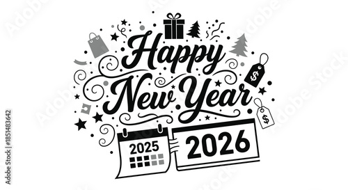 A festive new year design featuring gifts stars and a calendar indicating upcoming years