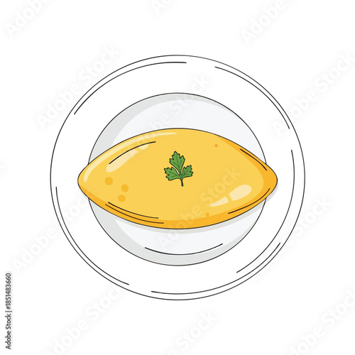 A simple, cartoon illustration of a plate with an omelet and a sprig of parsley