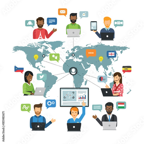 Diverse figures using tech, connected via globe map, symbols of messages and ideas