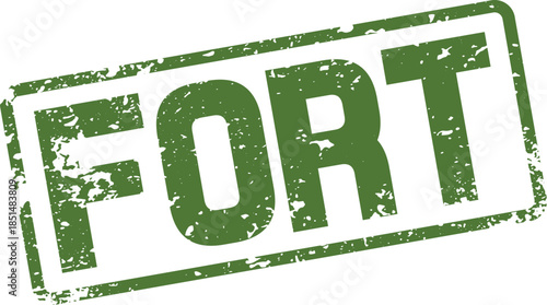 Distressed green rubber stamp impression featuring the strong word FORT on a clean surface