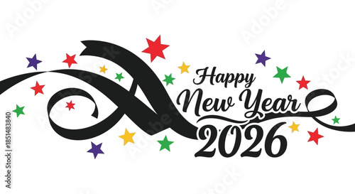 Festive new year design featuring colorful stars swirling ribbons and the year 2026 text