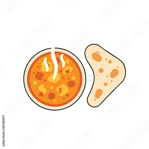A cartoonish depiction of soup with steam and a piece of flatbread
