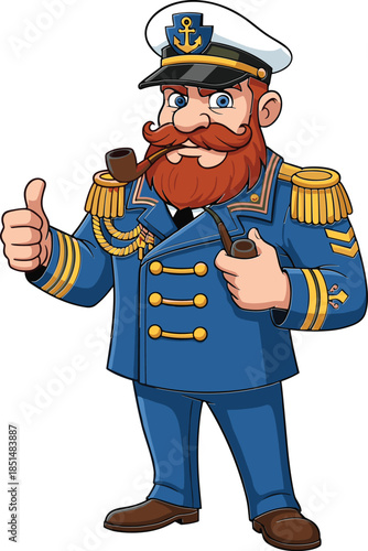 Naval captain cartoon, maritime character illustration, smoking pipe pose, confident sea officer, anchor emblem, marine uniform, cad drawing flat vector illustration