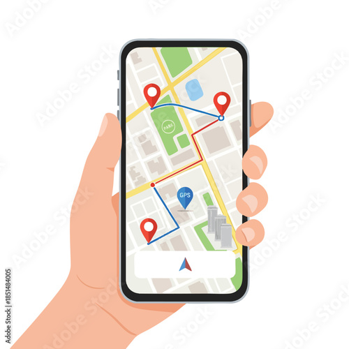 A hand holding a smartphone displaying a map with a navigation route
