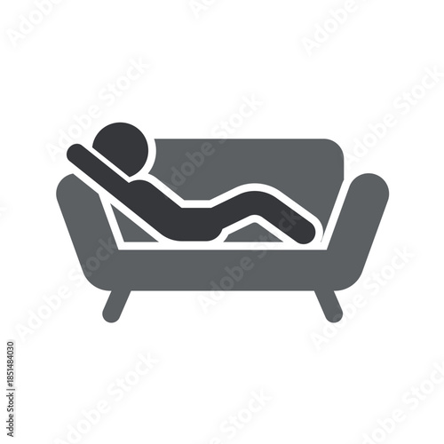 Isolated pictogram of person lying on sofa, symbolizing relaxation, laziness, unhealthy lifestyle, sedentary habit, comfort zone, and passive leisure activity.